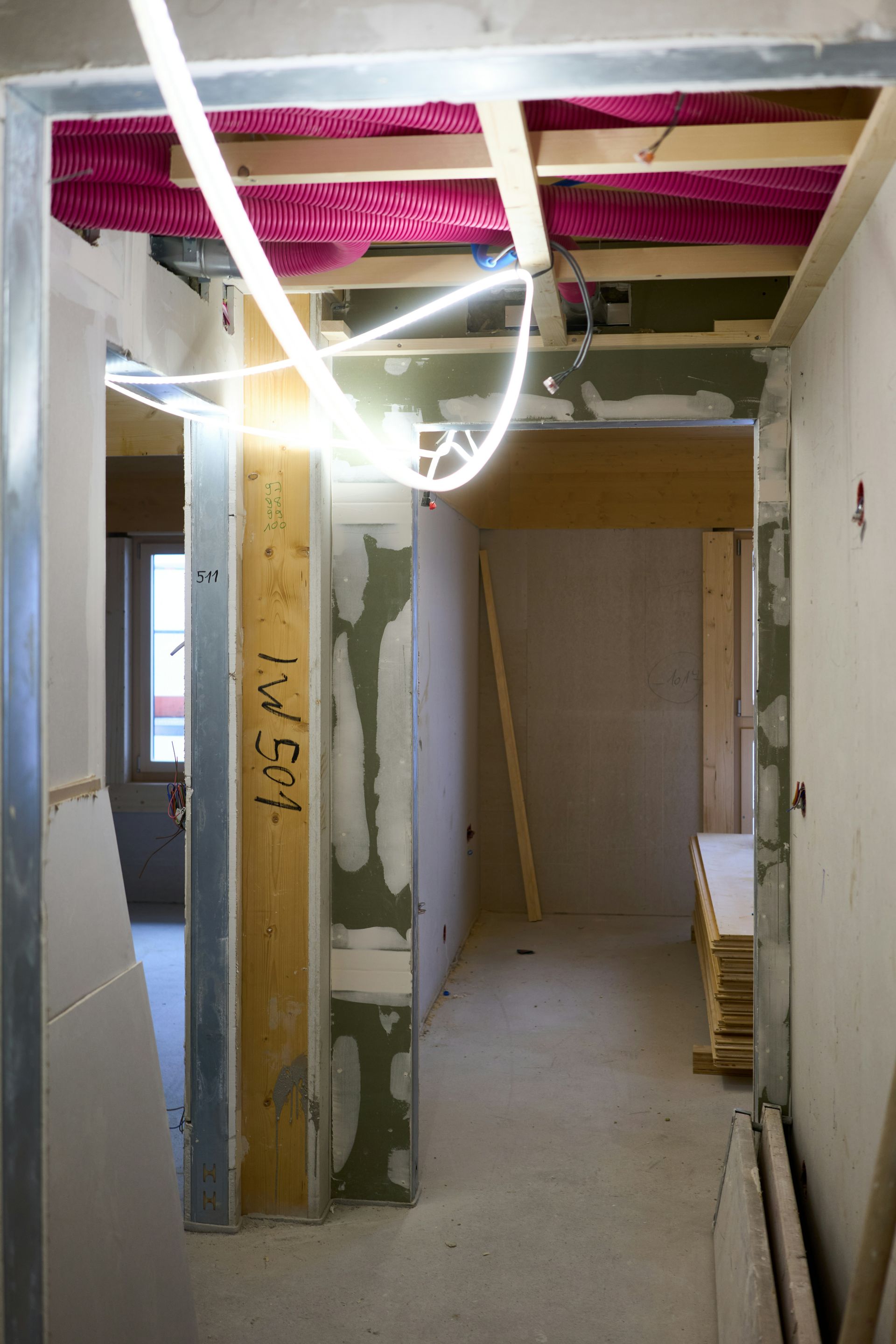 Interior view of a house under construction.